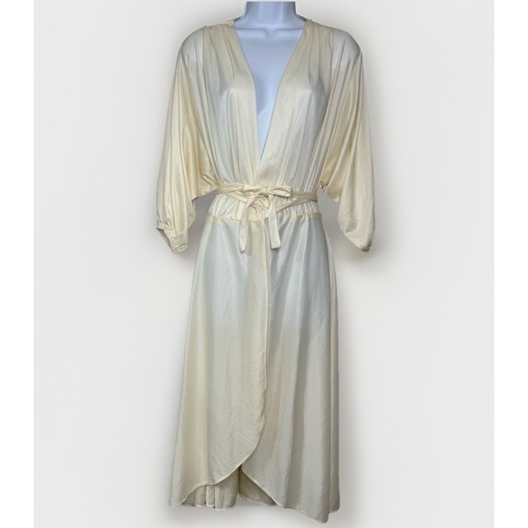 Other - Vintage Cream Satin Robe Size L Boho Bridal Puff Sleeve Tie Waist Romantic